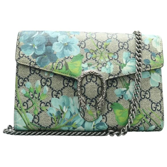 100% Auth GUCCI Dionysus Chain Wallet Blue Blooms Canvas Shoulder Bag 922-121324 - Picture 1 of 12